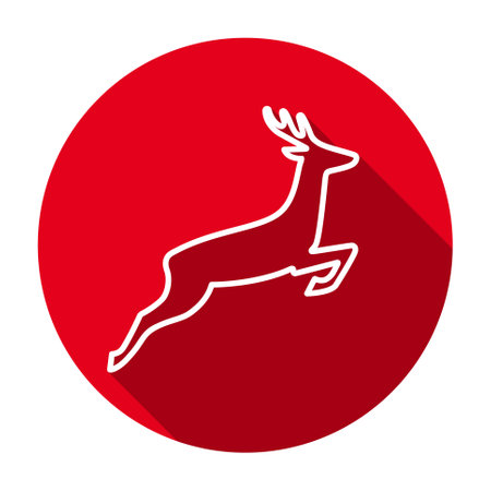 Red flat round deer outline icon, button with long shadow isolated on a white background. Vector illustration.のイラスト素材