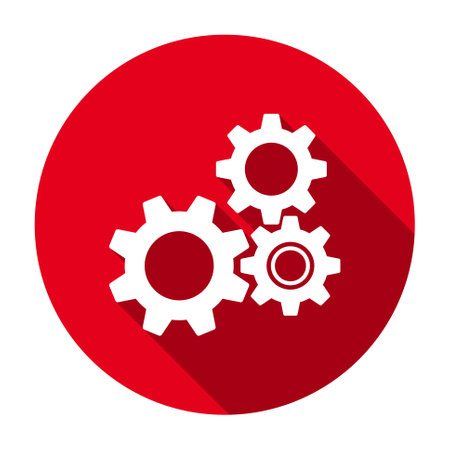 Red flat round gear wheels icon, button with long shadow isolated on a white background. Vector illustration.のイラスト素材