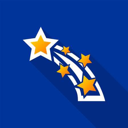Flat shooting star icon with a long shadow on a blue background. Vector illustration.のイラスト素材