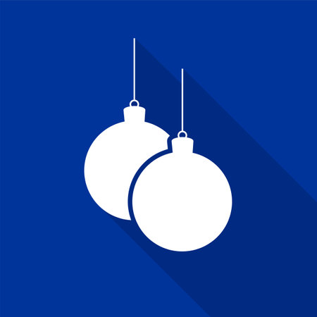 Flat white Christmas balls on a string icon with a long shadow on a blue background. Vector illustration.のイラスト素材