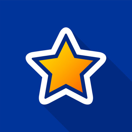 Flat golden star icon with a long shadow on a blue background. Vector illustration.のイラスト素材