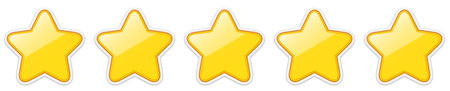 Glossy golden five star rating sticker icons isolated on a white background. Vector illustration.のイラスト素材