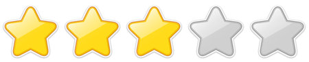 Glossy golden three star rating sticker icons isolated on a white background. Vector illustration.のイラスト素材