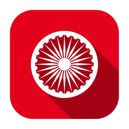 Red flat rounded square Ashoka Chakra symbol of national flag of the Republic of India icon, button with long shadow isolated on a white background. Vector illustration.のイラスト素材