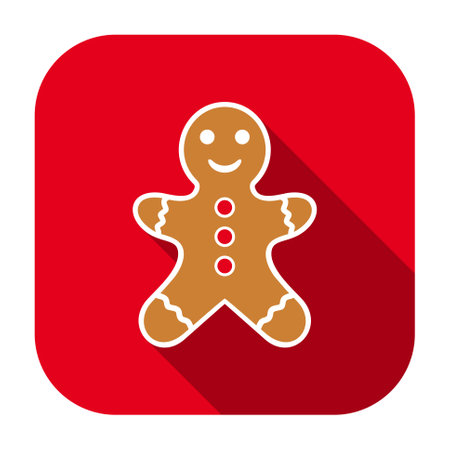 Red flat rounded square gingerbread man icon, button with long shadow isolated on a white background. Vector illustration.のイラスト素材