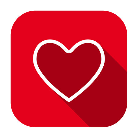 Red flat rounded square heart outline icon, button with long shadow isolated on a white background. Vector illustration.のイラスト素材