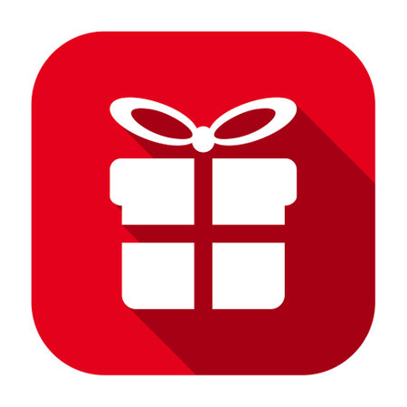 Red flat rounded square gift box with tied bow icon, button with long shadow isolated on a white background. Vector illustration.のイラスト素材