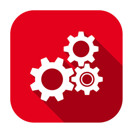Red flat rounded square gear wheels icon, button with long shadow isolated on a white background. Vector illustration.のイラスト素材
