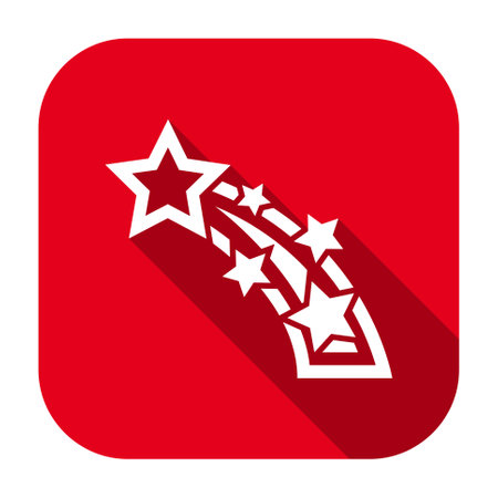 Red flat rounded square shooting star icon, button with long shadow isolated on a white background. Vector illustration.のイラスト素材