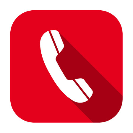 Red flat rounded square telephone receiver icon, button with long shadow isolated on a white background. Vector illustration.のイラスト素材