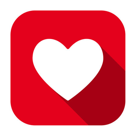 Red flat rounded square heart icon, button with long shadow isolated on a white background. Vector illustration.のイラスト素材