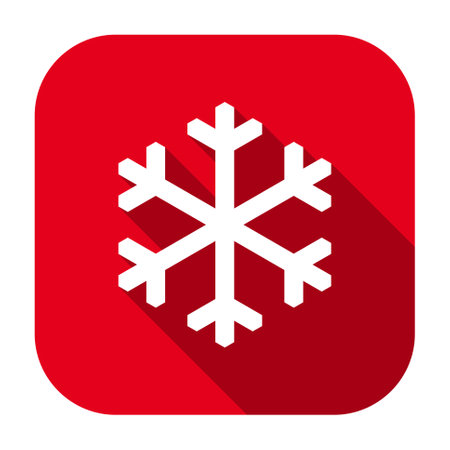 Red flat rounded square snowflake icon, button with long shadow isolated on a white background. Vector illustration.のイラスト素材