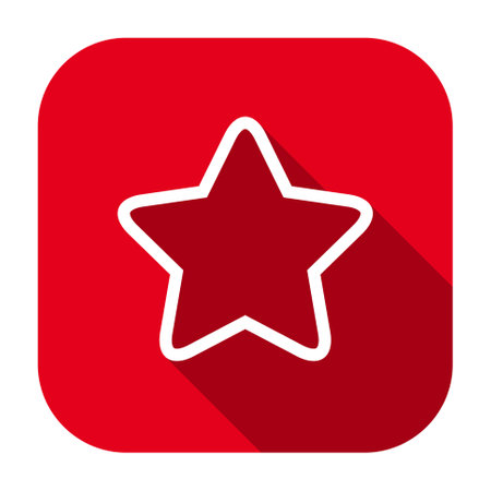 Red flat rounded square star outline icon, button with long shadow isolated on a white background. Vector illustration.のイラスト素材