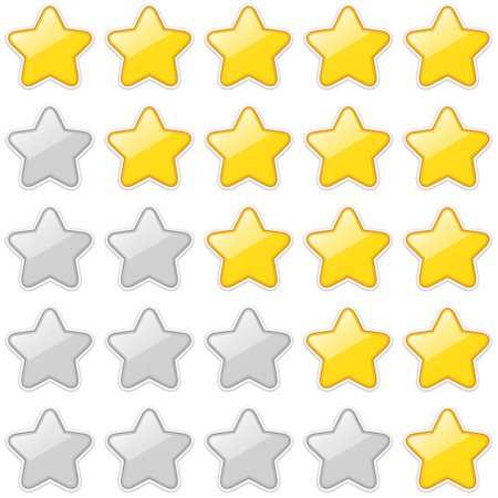 Set of 5 glossy star rating sticker icons isolated on white background. Vector illustration.のイラスト素材