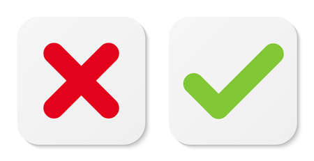Set of white cross and check mark icons, flat rounded square buttons isolated on white background. Vector illustration.のイラスト素材