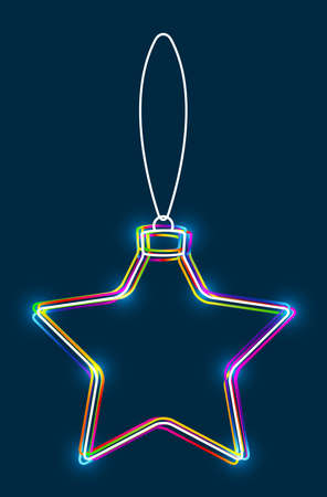 Abstract colorful Christmas ball on a string consisting of multicolored outlines with glowing light effect on dark blue background. Vector illustration.のイラスト素材