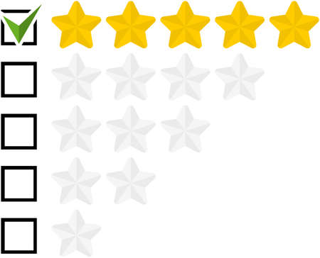 Set of flat golden rounded star rating symbols with checkbox isolated on white background. Vector illustration.のイラスト素材
