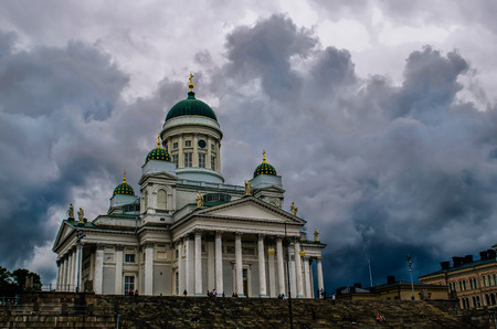 dark clouds over the St. Nicholas Cathedral in Helsinkiの写真素材