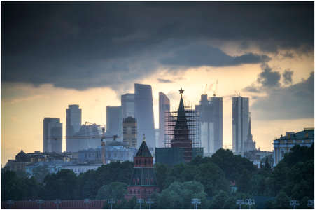 Rain over the Kremlin on the background of Moscow City
