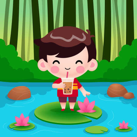 Illustration vector graphic of Cartoon Cute Little Boy Standing On Lotus, Drink Bubble Tea Or Pearl Tea. Perfect for mascot, children book cover, children book illustrations, wallpaper, kid's brochure, puzzle, game illustration, game assets, animation, etc.のイラスト素材