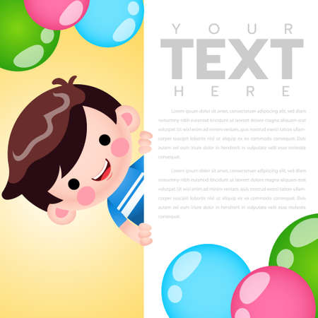 Illustration vector graphic of Cartoon Cute Little Boy Holding Party Birthday Invitation Banner Card Template. Blank Space For Text Design. Perfect for Birthday invitation, etcのイラスト素材