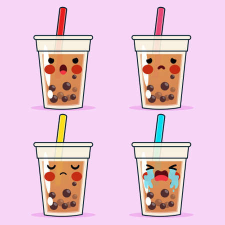 Illustration vector graphic of Cartoon Cute Bubble Tea Or Pearl Tea Emoticon Avatar Face Negative Emotions Set Stock Vector. Perfect for mascot, children book illustrations, wallpaper, kid's brochure, puzzle, game illustration, game assets, animation, emoticon, beverages illustration background, etc.のイラスト素材