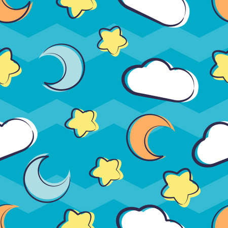 Illustration vector graphic of Cartoon Moon Cloud And Stars Seamless Pattern.Perfect for Blanket, Background, Baby Play Mat, Baby T-Shirts, Wallpaper, Backdrop, etcのイラスト素材