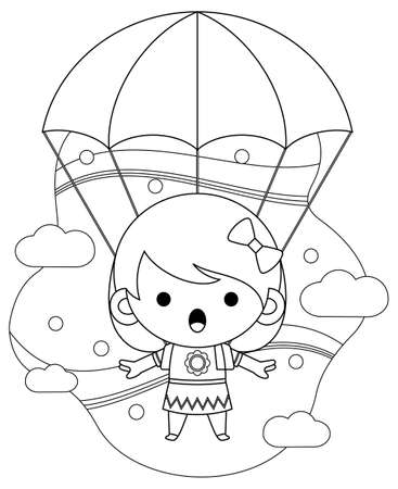 Illustration vector graphic of coloring book for kids. Cute Little Girl Flying With Parachute. Good to use for children coloring book.のイラスト素材
