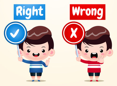 Illustration vector graphic of Cute Boys Opposite Words Right Wrong. Perfect for  children book illustrations, game illustration, banner, animation, etc.のイラスト素材