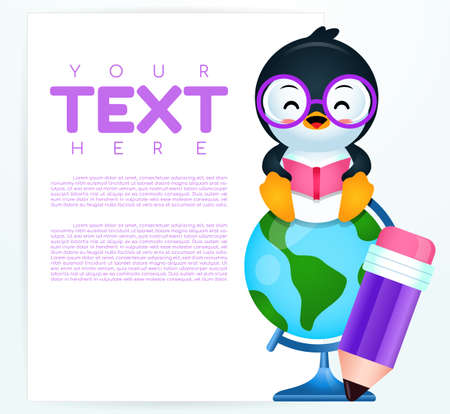Illustration vector graphic of Cartoon Cute Penguin Sitting On The World Globe With Banner. Perfect for children book cover, children  book illustrations, banner,etcのイラスト素材