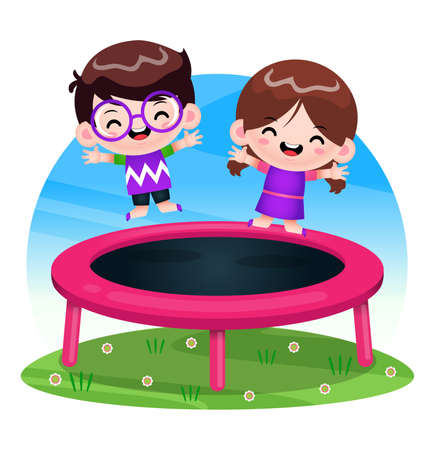 Illustration vector graphic of Cartoon Happy Children Playing Trampoline. Perfect for mascot, children book cover, children book illustrations, wallpaper, puzzle, etcのイラスト素材