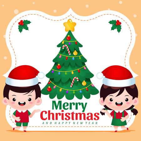 Illustration vector graphic of Cute Boy and Girl Presenting Christmas With Banner. Perfect for christmas card, banner, poster, children books cover, children book illustration, etc.のイラスト素材