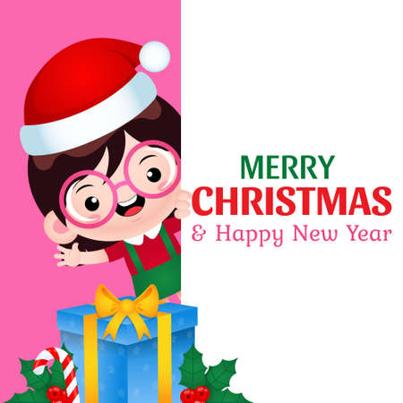 Illustration vector graphic of Happy Cute Girl Merry Christmas And New Year Banner. Perfect for christmas card, banner, poster, children books cover, children book illustration, etc.のイラスト素材
