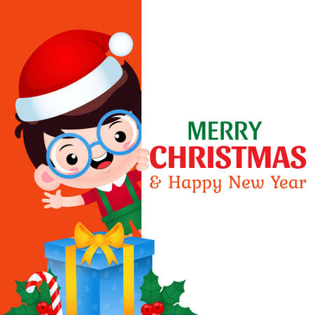Illustration vector graphic of Happy Cute Boy Merry Christmas And New Year Banner. Perfect for christmas card, banner, poster, children books cover, children book illustration, etc.のイラスト素材
