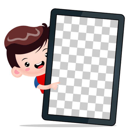 Illustration vector graphic of Cute Boy Peeking Behind Blank Phone Tablet. Perfect for children books cover, children book illustration,game illustrations, game asset,animation,etcのイラスト素材
