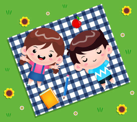 Illustration vector graphic of Top View Of Kids Having Picnic Lying On A Grass. Perfect for children books cover, children book illustration,game illustrations, game asset,etcのイラスト素材