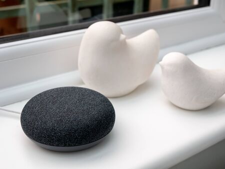 smart home device sitting in windowsill with home decor