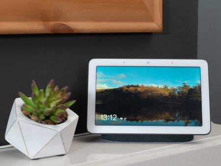Nov 2019, UK - Google Nest Hub on mantlepiece with picture on show with plant decorのeditorial素材