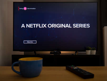 UK, March 2020: TV Television with Netflix Original series title in home