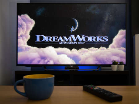 UK, March 2020: TV Television Dreamworks animation film opener