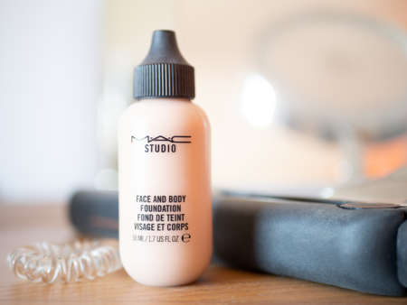 May 2020, UK: Mac studio face and body foundation makeup on dressing table at home