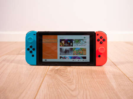 May 2020, UK: Nintendo Switch online e-shop home on white studio backgroundのeditorial素材