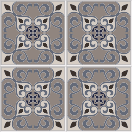 Tile pattern vector seamless with flowers motifs. Azulejo, portuguese tiles, spanish, moroccan, turkish or arabic tiles design. Tiled print for wrapping, background or ceramic.のイラスト素材
