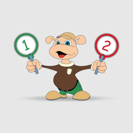 cartoon boy with two numbered plates in their hands.のイラスト素材