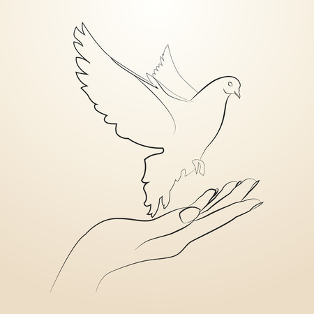 Pigeon of peace flying from the open hands sketch in black lines.のイラスト素材