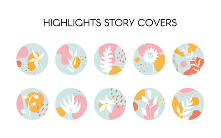 Set of various vector highlight covers. Abstract backgrounds. Various shapes, lines, spots, dots, leaves, floral, doodle objects. Hand drawn templates. Round icons for social media stories. Perfect for bloggersのイラスト素材
