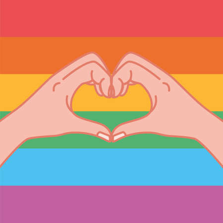 hands making a heart symbol. heart shaped gesture, a message of love. showing I love you. Isolated vector. Support LGBT Pride. Colorful hand. Freedom. Love. Heart. Rainbow abstract.のイラスト素材