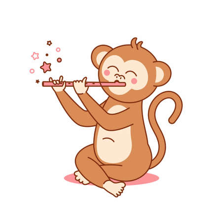 Cute monkey sitting and playing on flute Cartoon Vector Icon Illustration. Flat Cartoon Logoのイラスト素材