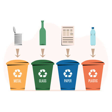 Different colored trash cans with paper, plastic, glass and metal waste suitable for recycling. Segregate waste, sorting garbage, waste management. White background. Vector illustration, flat style.のイラスト素材