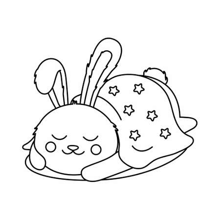 Funny rabbit sleeping covered by blanket. Black and white illustration for coloring bookのイラスト素材